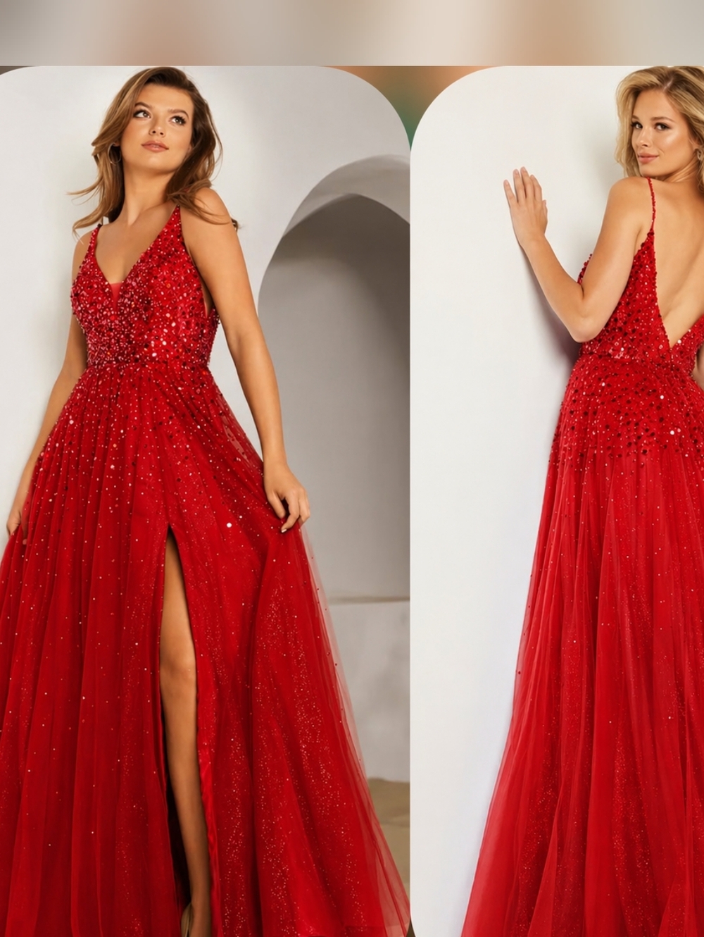 Jovani Red Beaded V-Neck Prom Gown